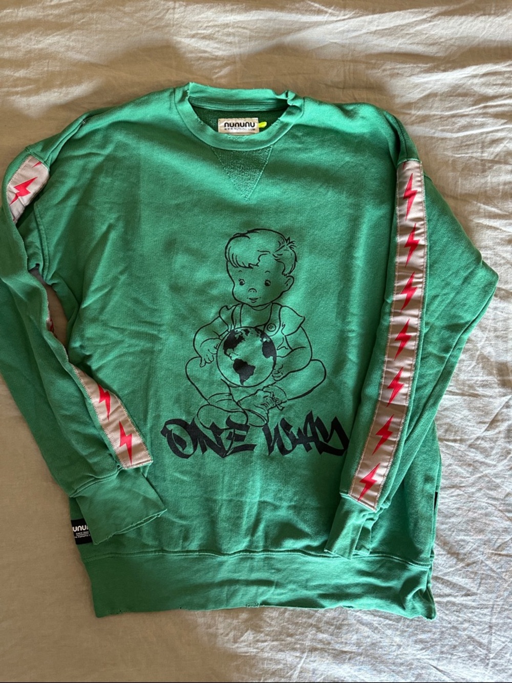 nununu Green 'One World' Graphic Sweatshirt with Lightning Tape